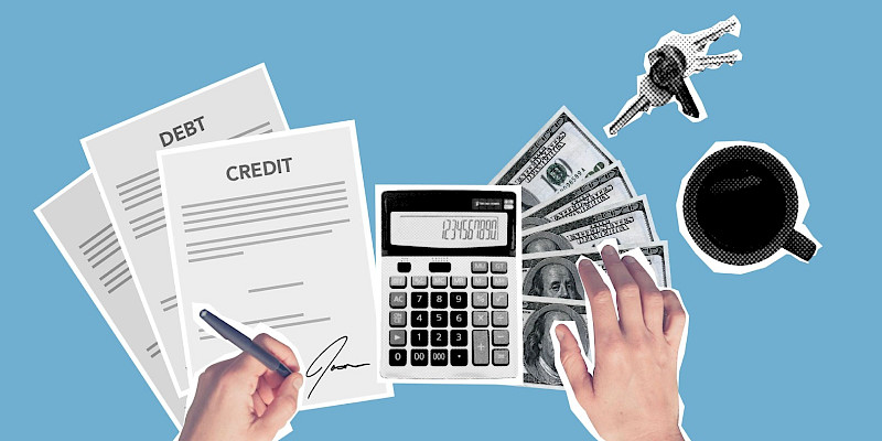 Illustration of mortgage calculator, credit documents, house keys, and cash for remortgage budgeting.